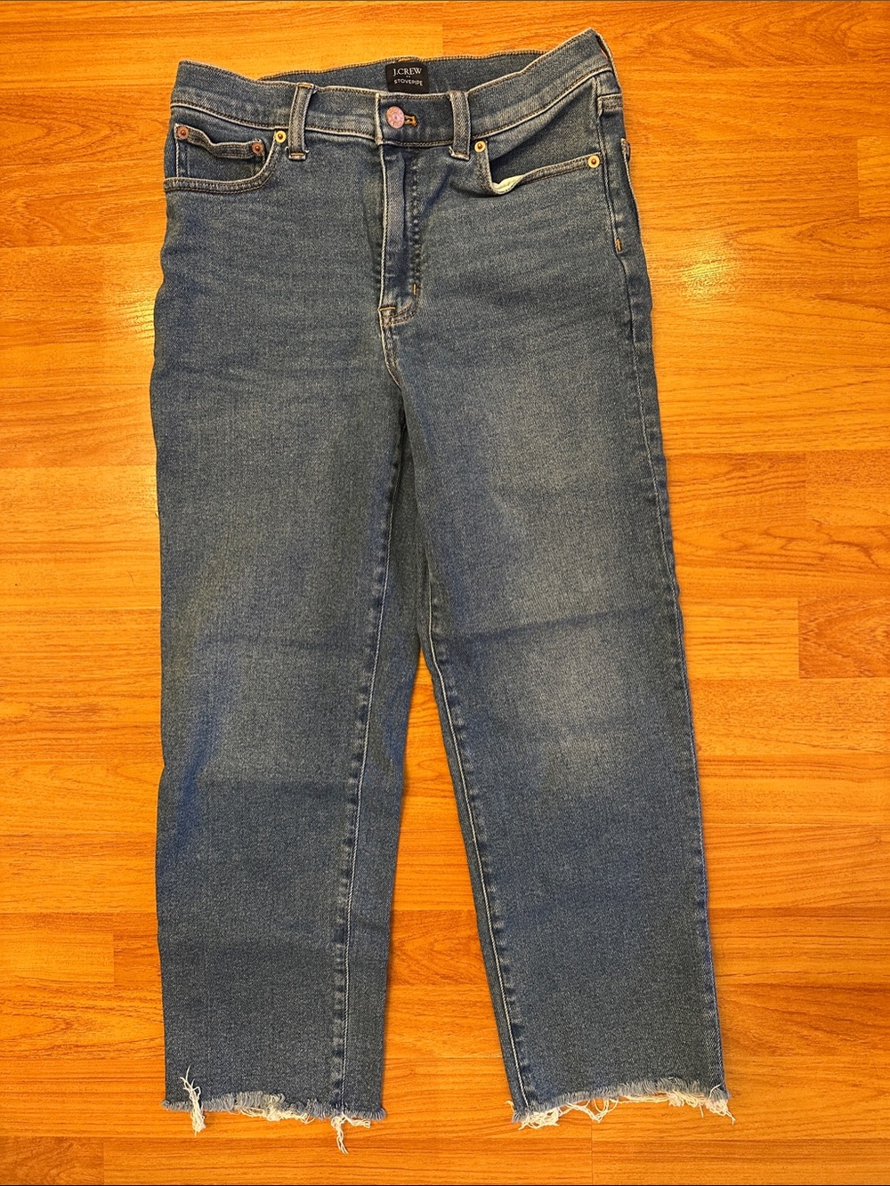 J. Crew Blue Straight-Leg Jeans with Frayed Hem